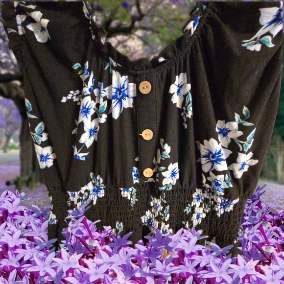 Junior Sundress M 7-9 Black Blue Floral Pullover Elastic Waist EUC - Picture 2 of 6